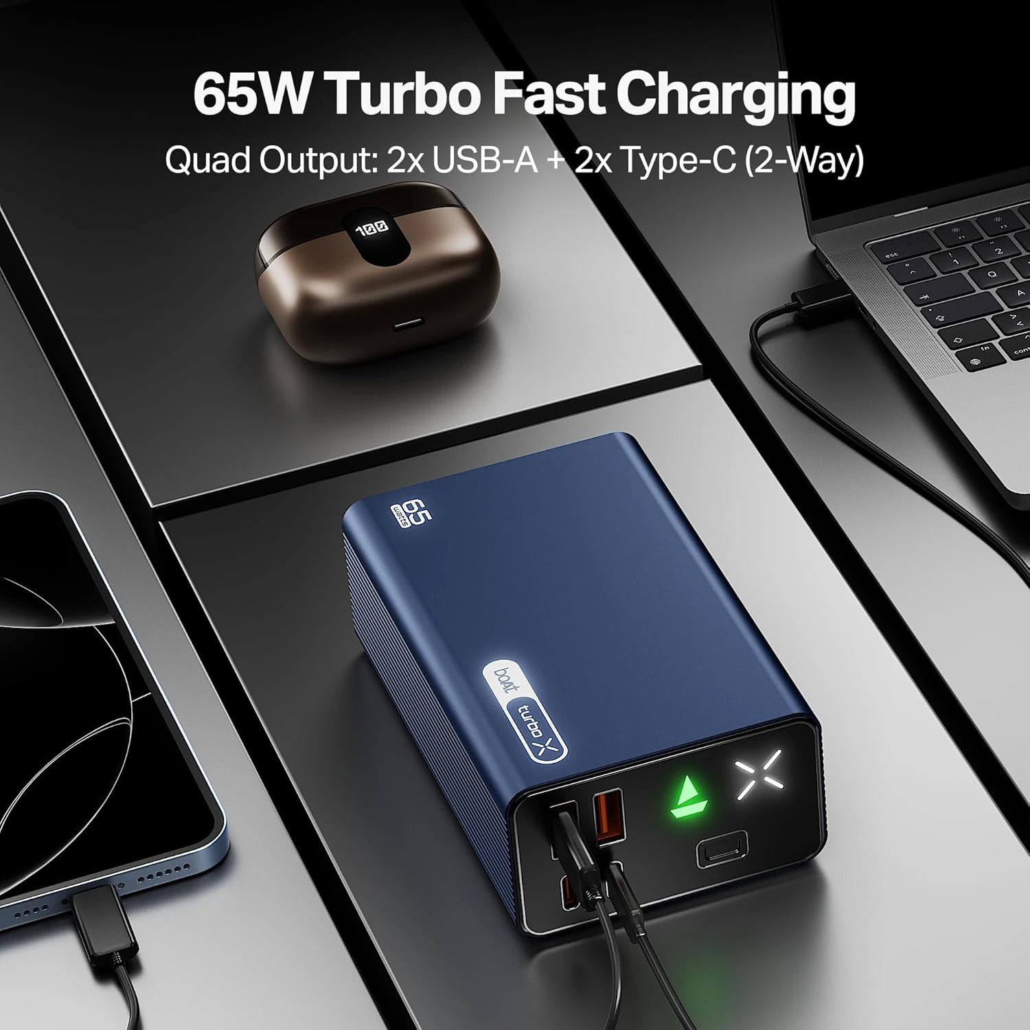 Boat EnergyShroom PB665 Turbo X, 30000mAh Laptop Powerbank w/ 65W Turbo Fast Charging, 100W high-Speed Cable. view 4