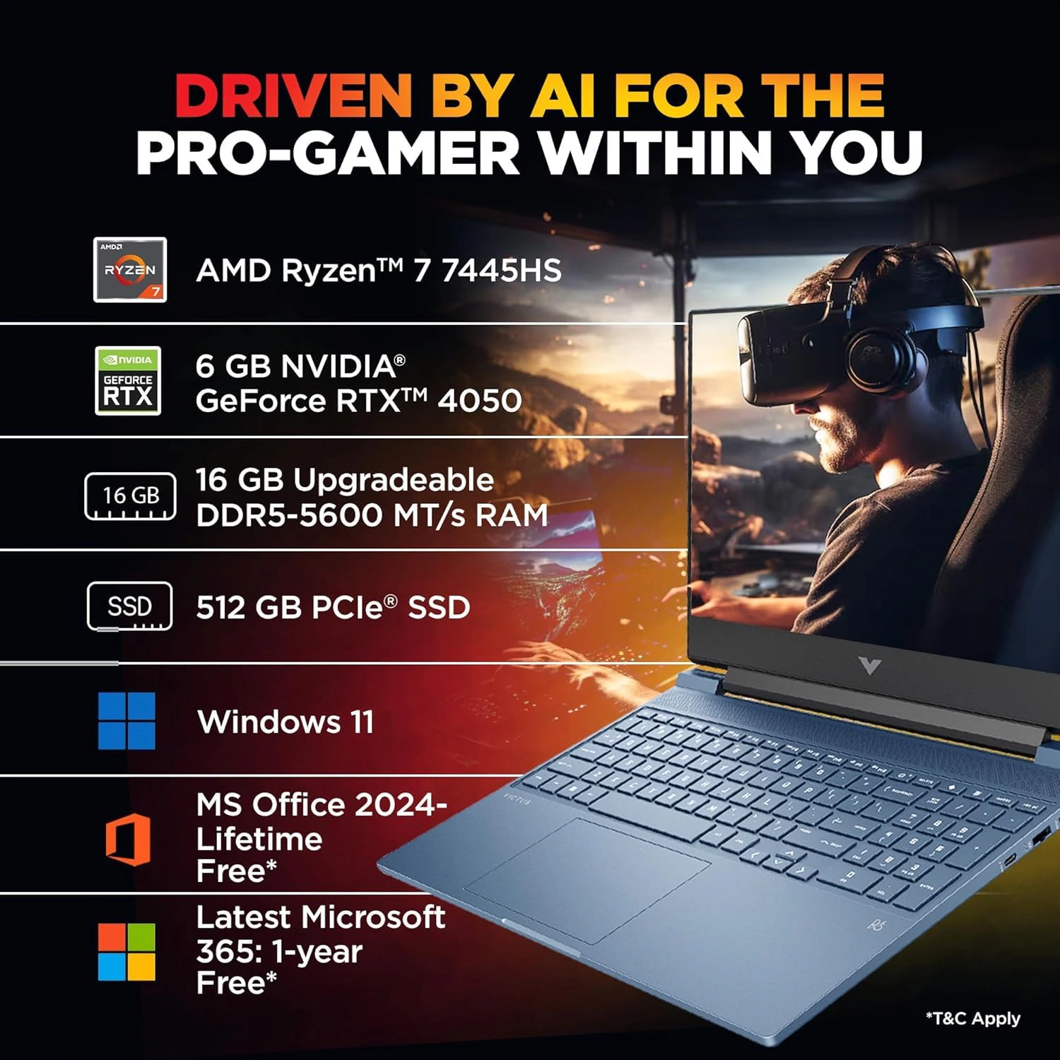 HP Victus, AMD Ryzen 7 7445HS, 6GB RTX 4050, 16GB DDR5(Upgradeable) 512GB SSD, 144Hz, IPS, 300 nits, 15.6''/39.6cm, Win11, Office24, Blue, 2.29kg, fb3130AX, DTS Audio, Xbox Gamepass*, Gaming Laptop Visit the HP Store view 6