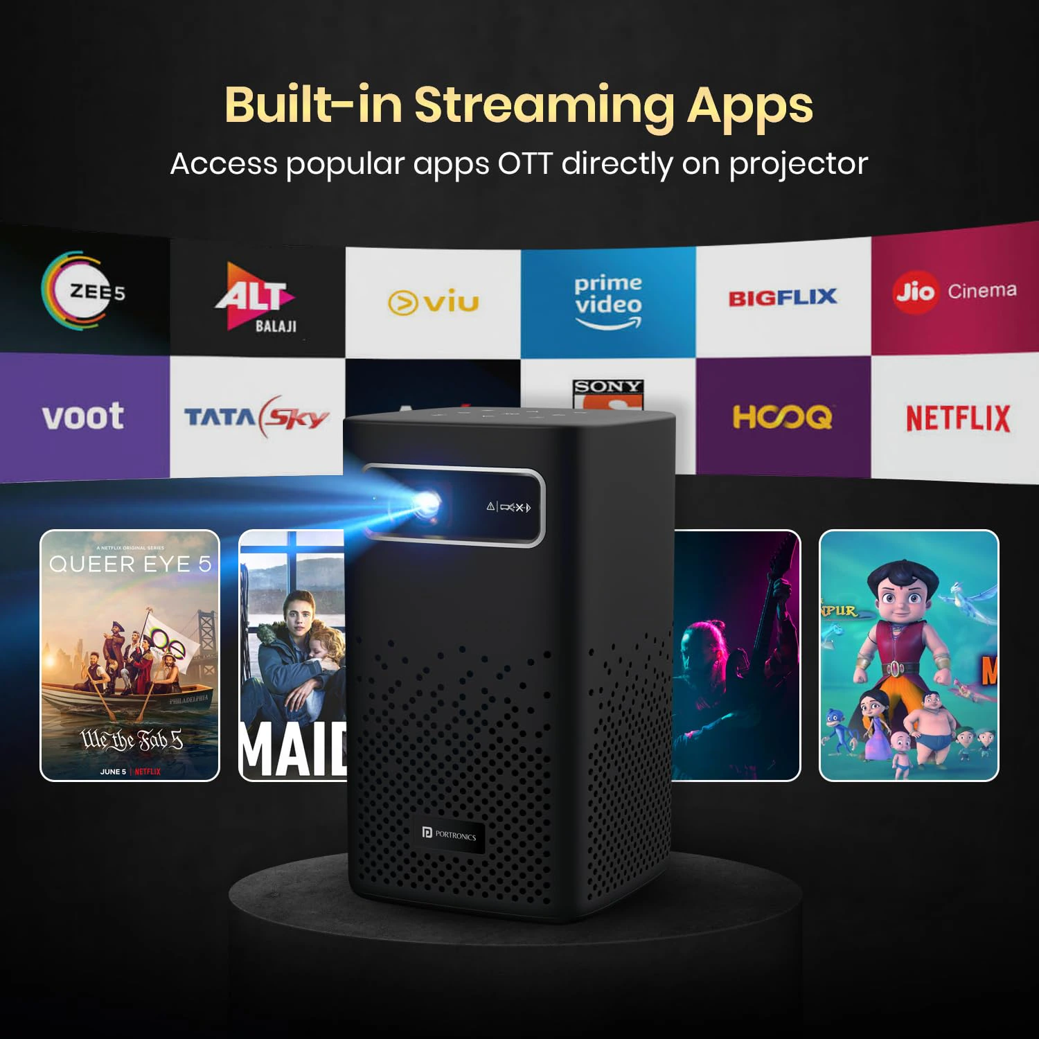 Portronics Pico 13 Rechargeable Smart Projector with Android Based OS, 4K Support, Streaming Apps (Netflix, Prime Video, Hotstar), 3500 Lumens, Keystone Correction, 10 W Speaker, Wi-fi, Bluetooth view 3