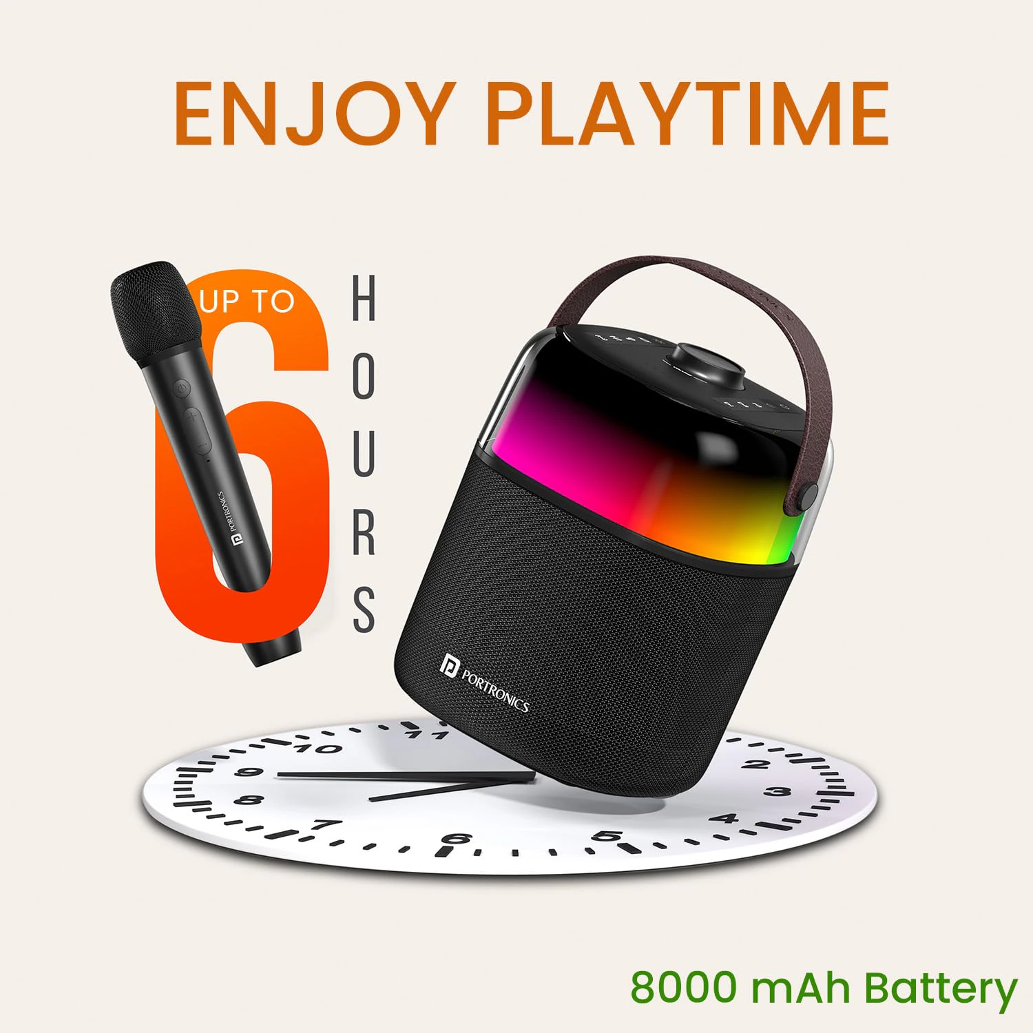 Portronics Dash 4 50W Wireless Bluetooth Party Speaker with Karaoke Mic, Upto 6 Hours Playtime, HD Sound, Bass Boost Technology, EQ Modes, 360° RGB Lights, BT 5.3v, AUX in, Type C Charging(Black) view 2