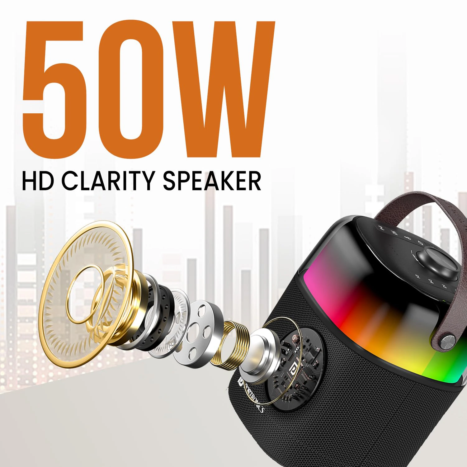 Portronics Dash 4 50W Wireless Bluetooth Party Speaker with Karaoke Mic, Upto 6 Hours Playtime, HD Sound, Bass Boost Technology, EQ Modes, 360° RGB Lights, BT 5.3v, AUX in, Type C Charging(Black) view 4