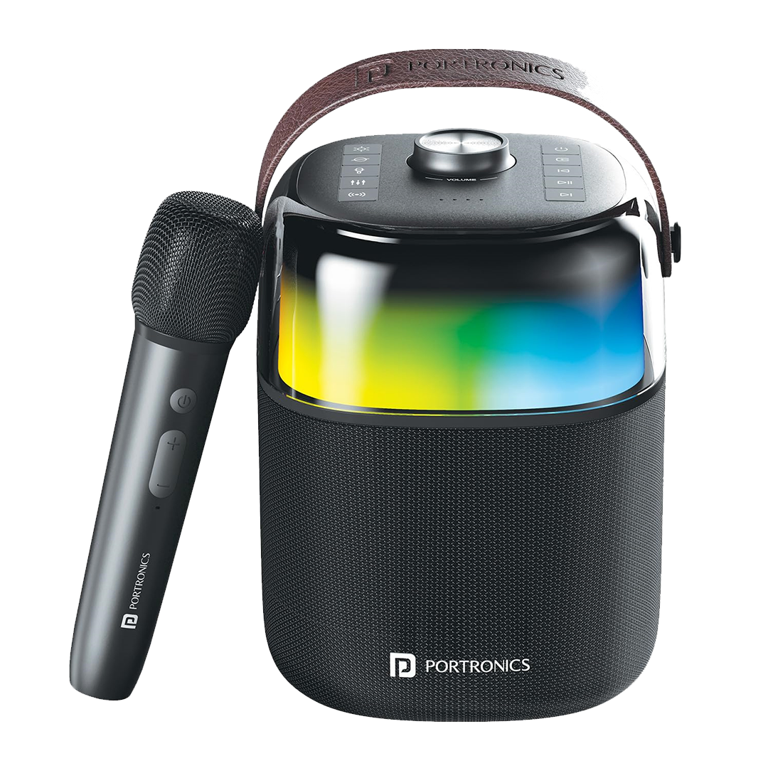 Portronics Dash 4 50W Wireless Bluetooth Party Speaker with Karaoke Mic, Upto 6 Hours Playtime, HD Sound, Bass Boost Technology, EQ Modes, 360° RGB Lights, BT 5.3v, AUX in, Type C Charging(Black)