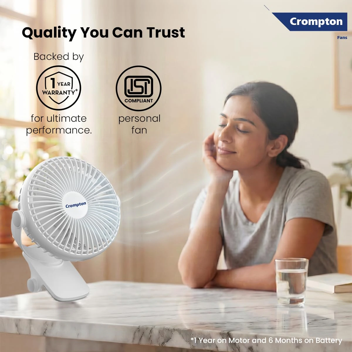 Crompton Siro Rechargeable Clip Fan 100MM | Safety Grill Design | Replaceable Battery | Type-C Charging | view 2