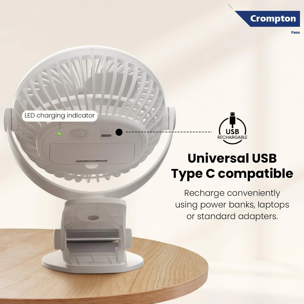 Crompton Siro Rechargeable Clip Fan 100MM | Safety Grill Design | Replaceable Battery | Type-C Charging | view 5