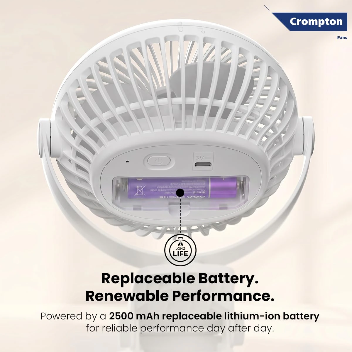 Crompton Siro Rechargeable Clip Fan 100MM | Safety Grill Design | Replaceable Battery | Type-C Charging | view 6