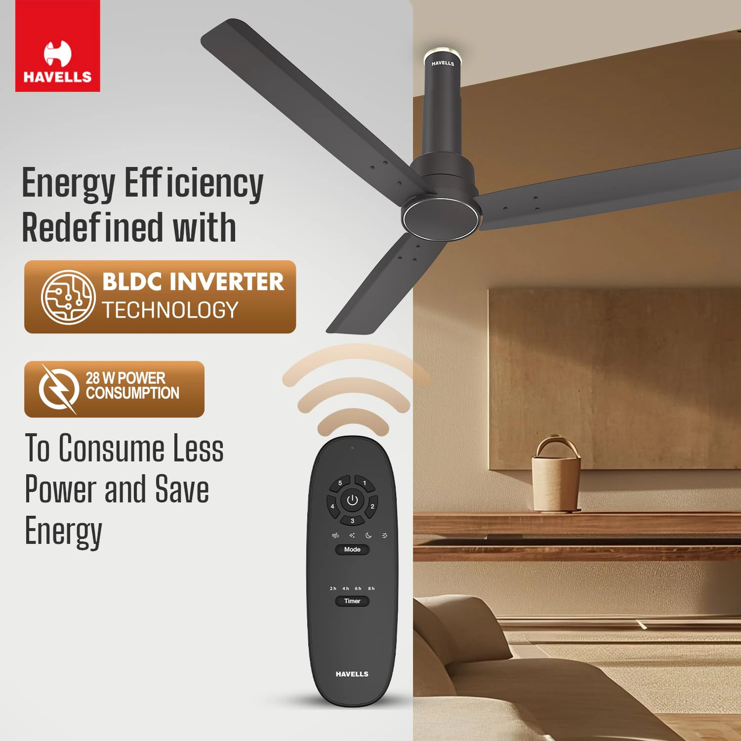  Havells 1200mm Elio BLDC Ceiling Fan | Remote Controlled, High Air Delivery Fan  view 3