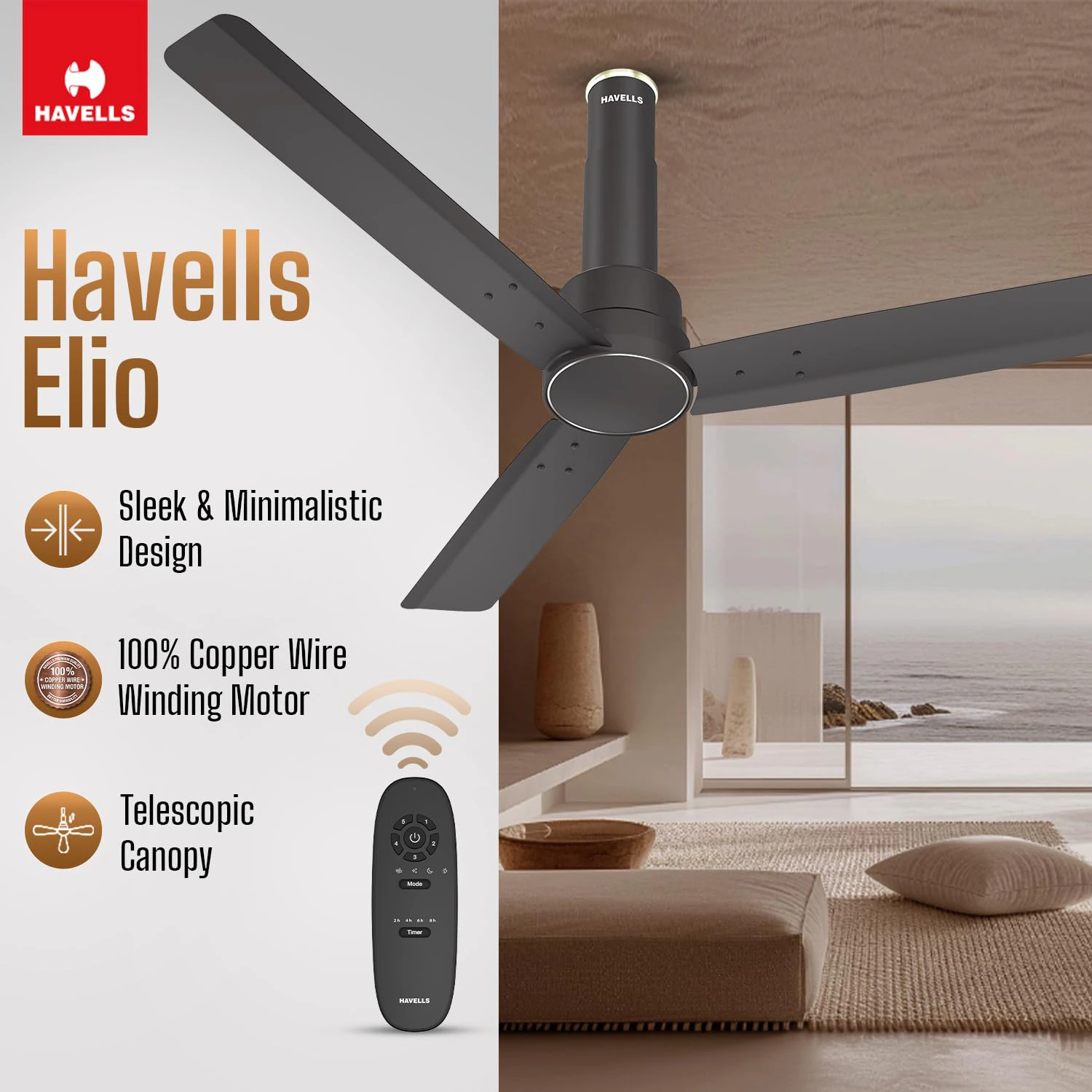  Havells 1200mm Elio BLDC Ceiling Fan | Remote Controlled, High Air Delivery Fan  view 4