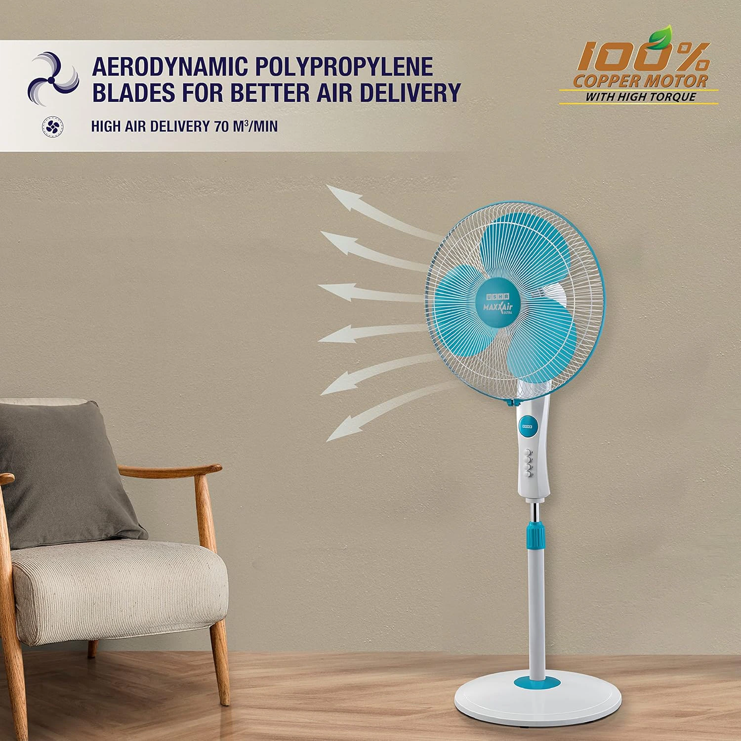 USHA Maxx Air Ultra Pedestal Fan | 400MM Sweep Size | 1350 RPM | view 2
