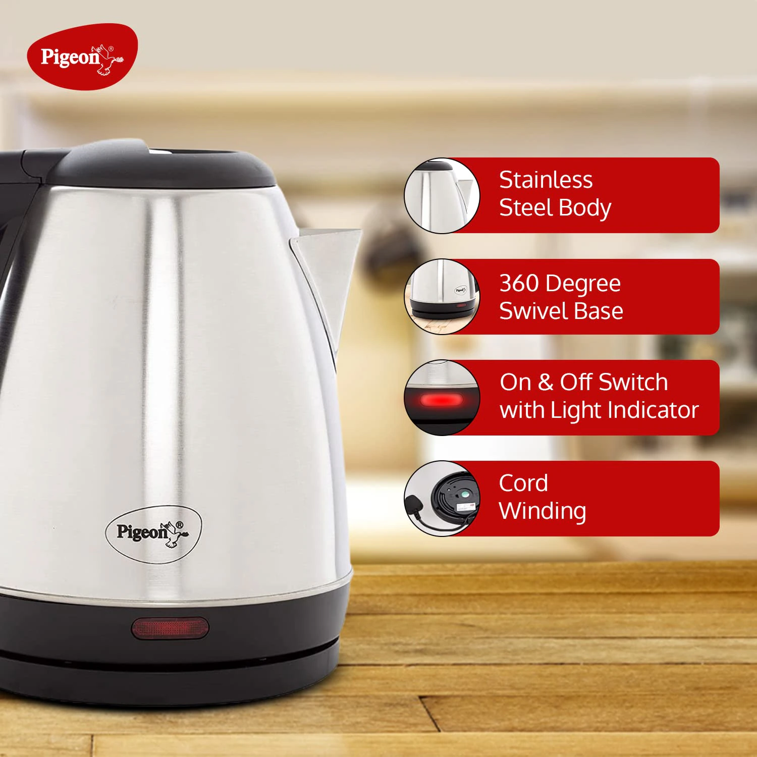 Pigeon Amaze Plus Electric Kettle 1.5 L, 1300 Watt, Stainless Steel Body with Auto Shut-off view 7