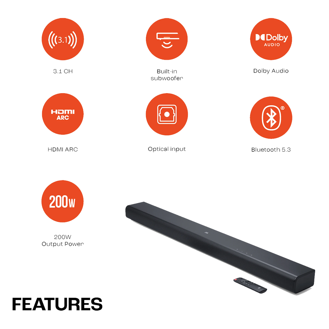 JBL SB510, Dolby Audio with Built-in Subwoofer,HDMI eARC,Bluetooth Connectivity 200 W Bluetooth Soundbar (Black, 3.1 Channel) view 2