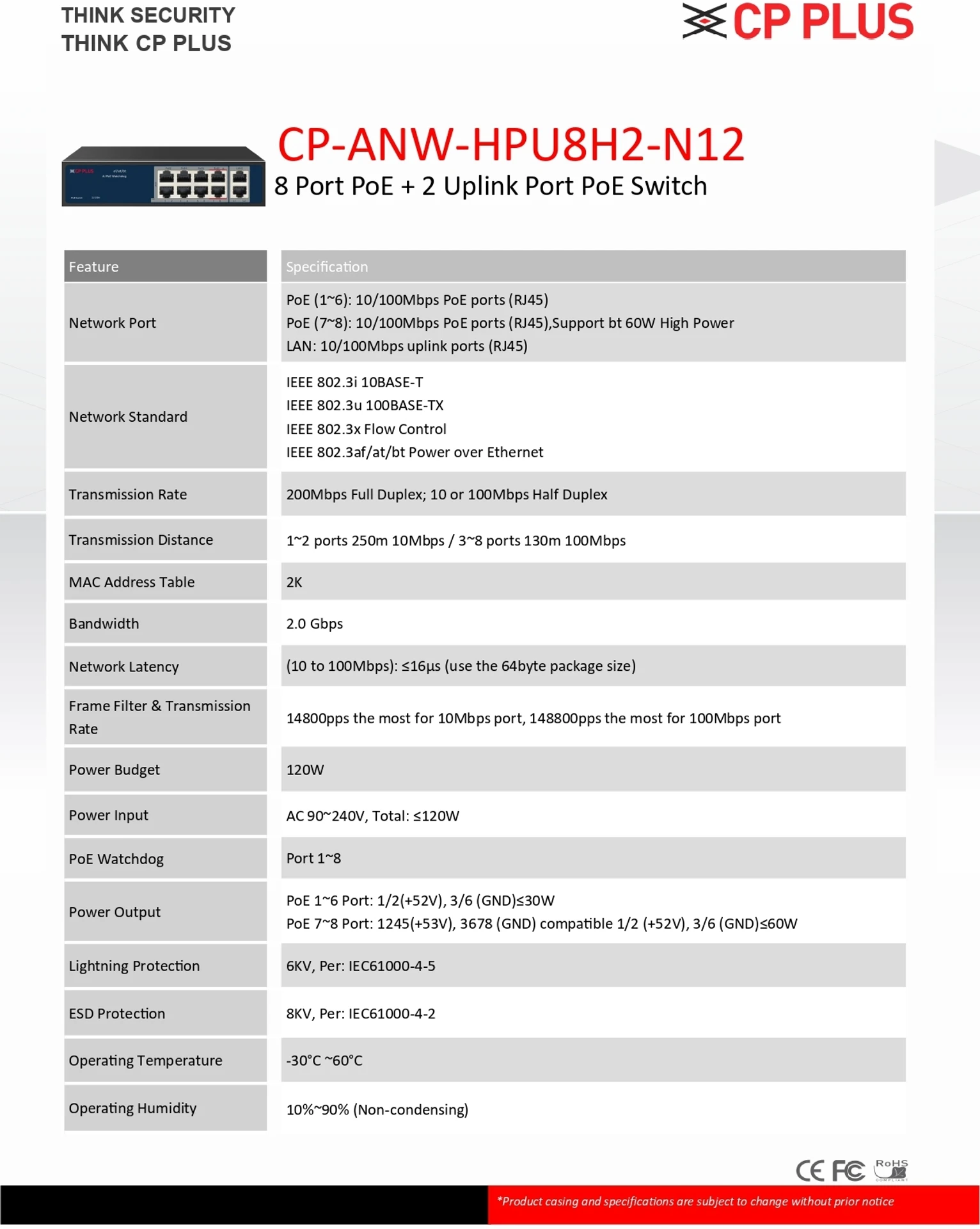CP PLUS POE SWITCH 8PORT (CP-ANW-HPU8H2-N12) Security Camera (8 Channel) view 4