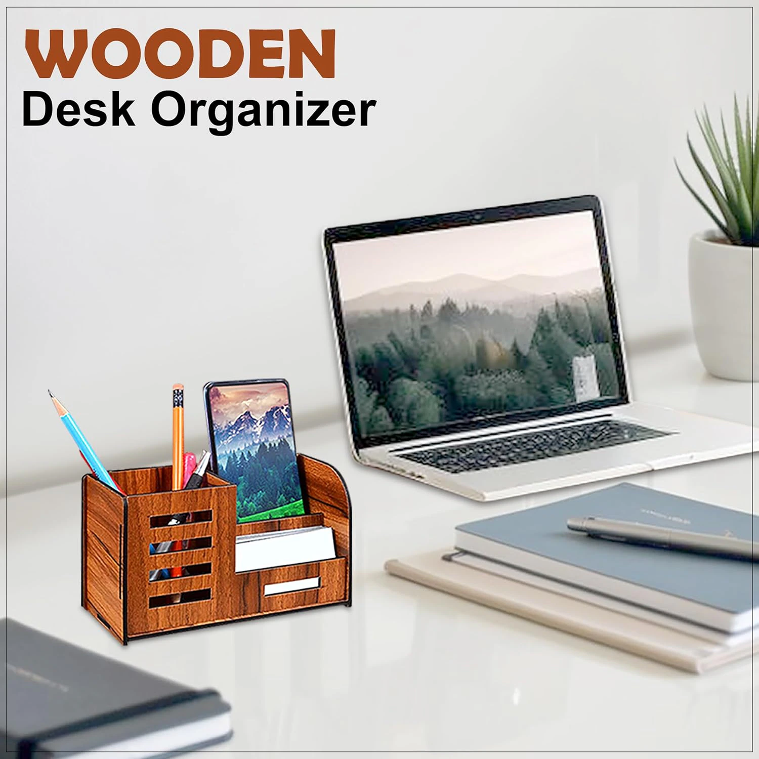 Wooden Pen Stand with Mobile & Visiting Card Holder |  view 2