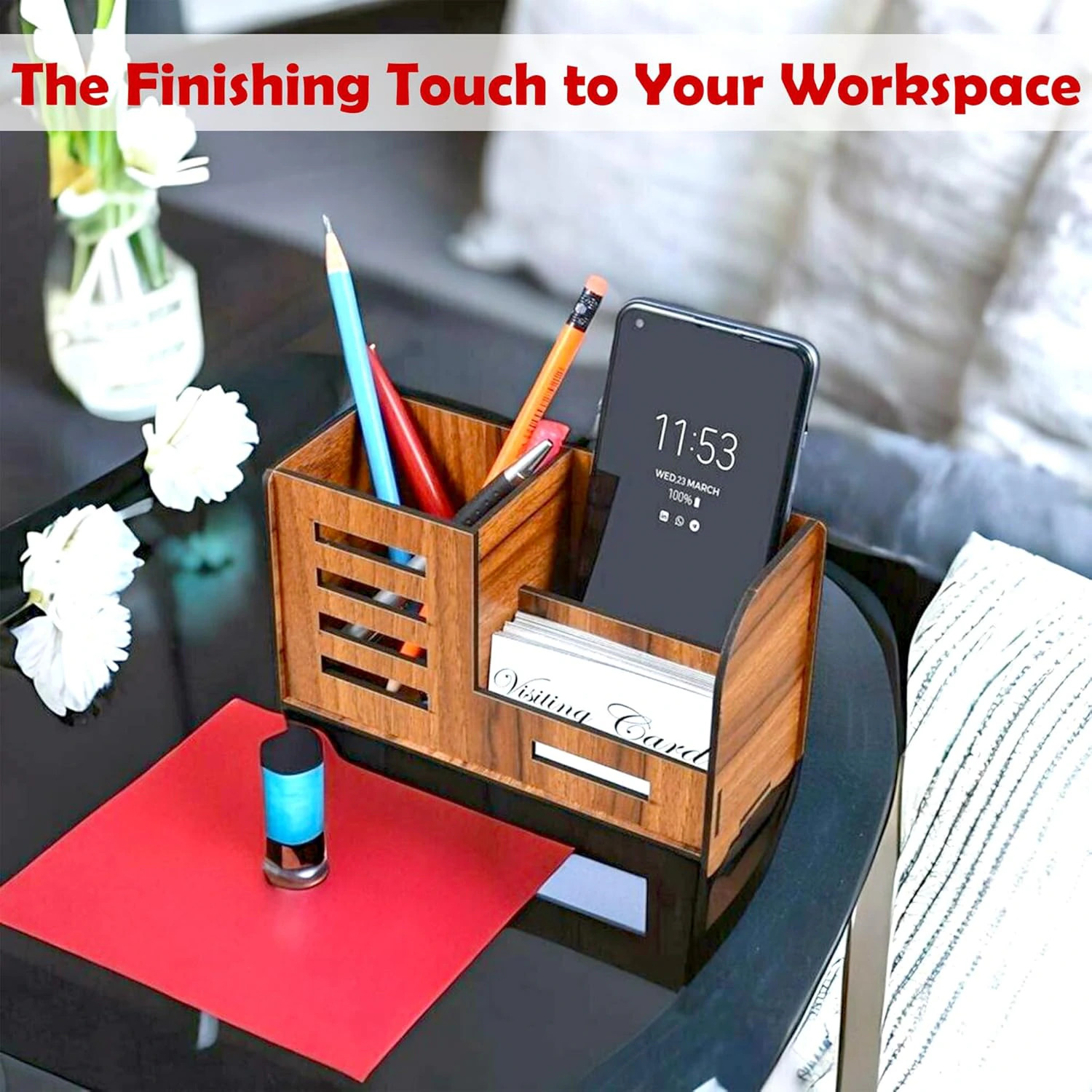 Wooden Pen Stand with Mobile & Visiting Card Holder |  view 3