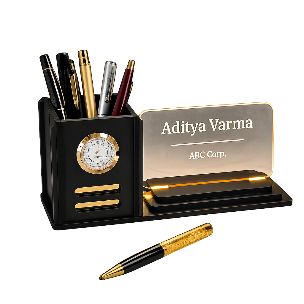 Deskart Customized LED Name Plate Pen Stand with Clock for Office Desk |