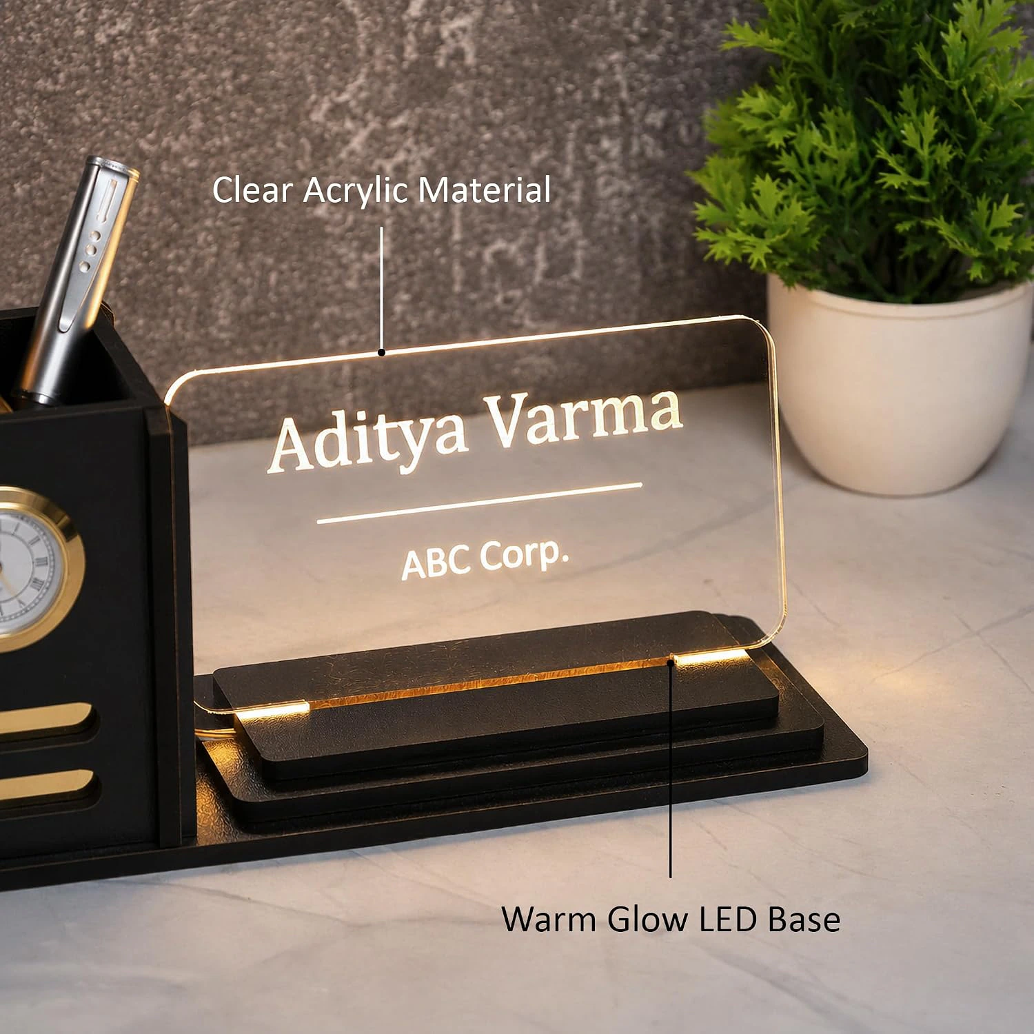 Deskart Customized LED Name Plate Pen Stand with Clock for Office Desk | view 2