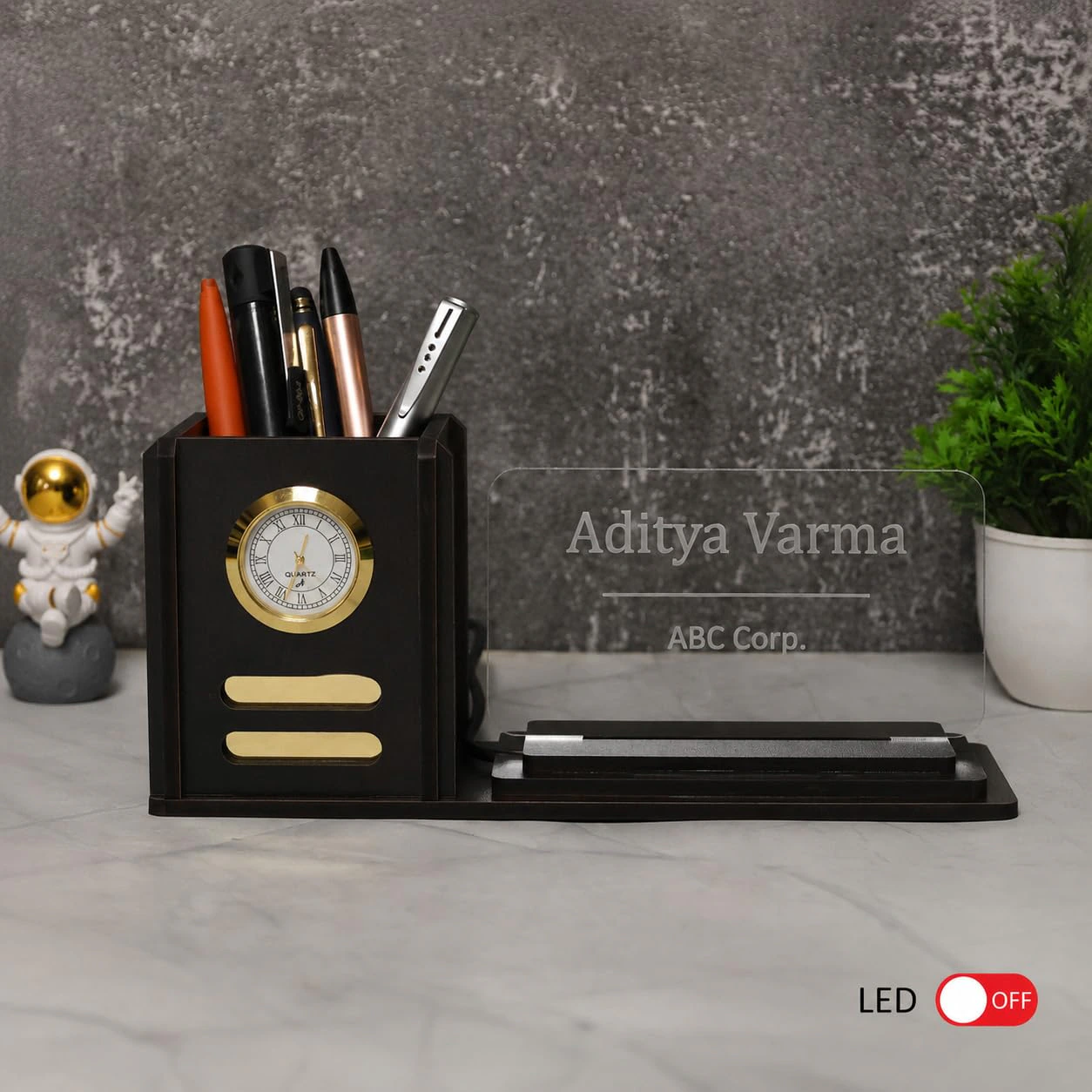 Deskart Customized LED Name Plate Pen Stand with Clock for Office Desk | view 4