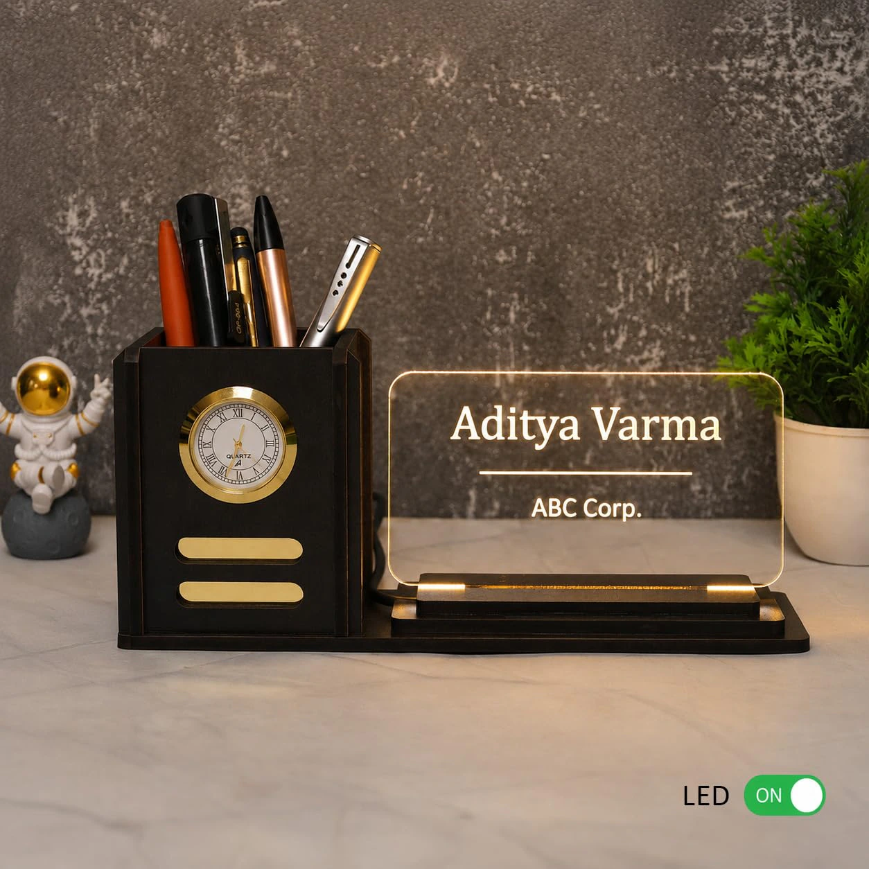 Deskart Customized LED Name Plate Pen Stand with Clock for Office Desk | view 5