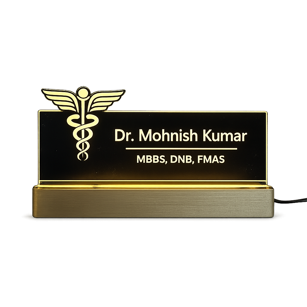 Wood, Acrylic Customized LED Name Plate for Office Desk Table Name Signage Birthday Gift For Doctor Medical