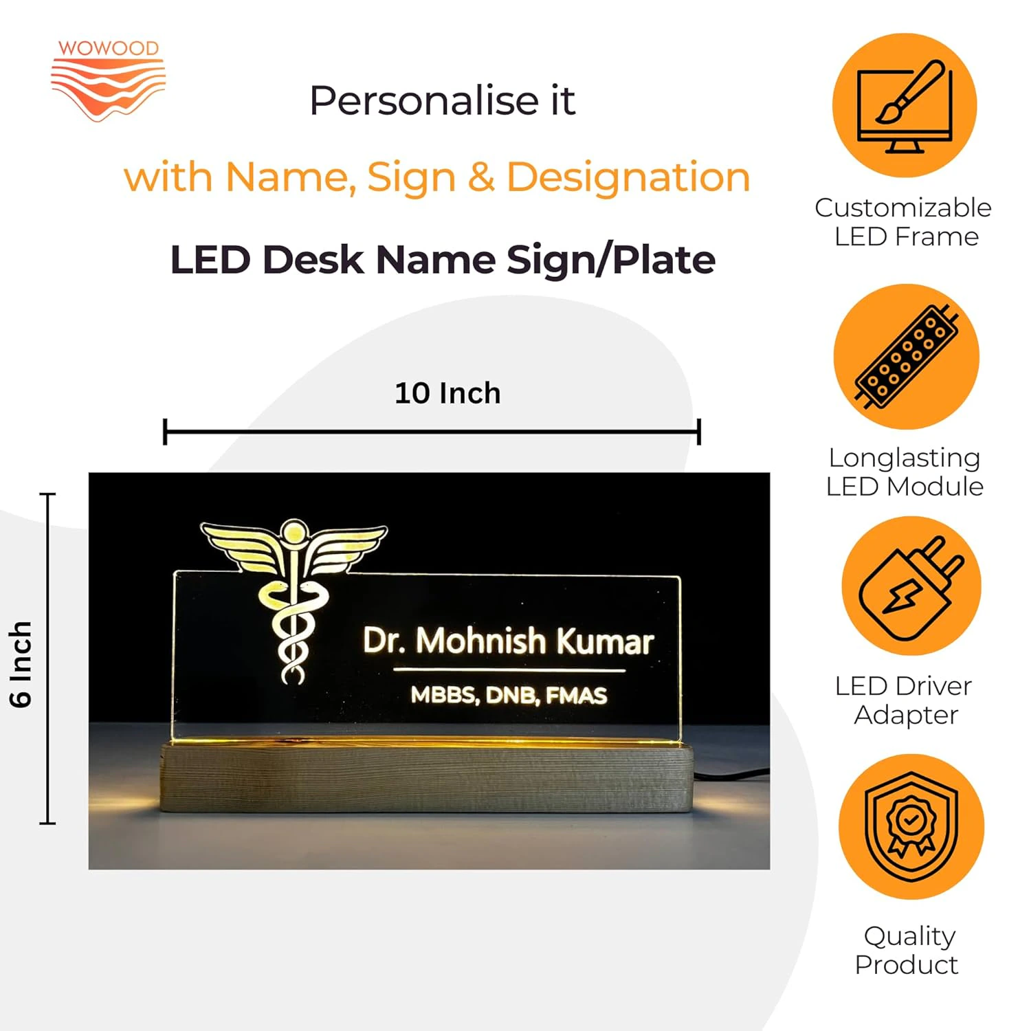 Wood, Acrylic Customized LED Name Plate for Office Desk Table Name Signage Birthday Gift For Doctor Medical view 2