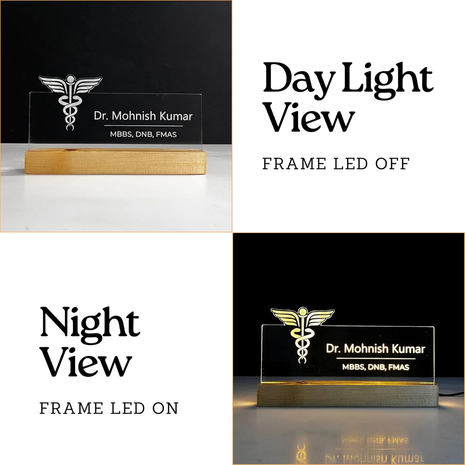 Wood, Acrylic Customized LED Name Plate for Office Desk Table Name Signage Birthday Gift For Doctor Medical view 3
