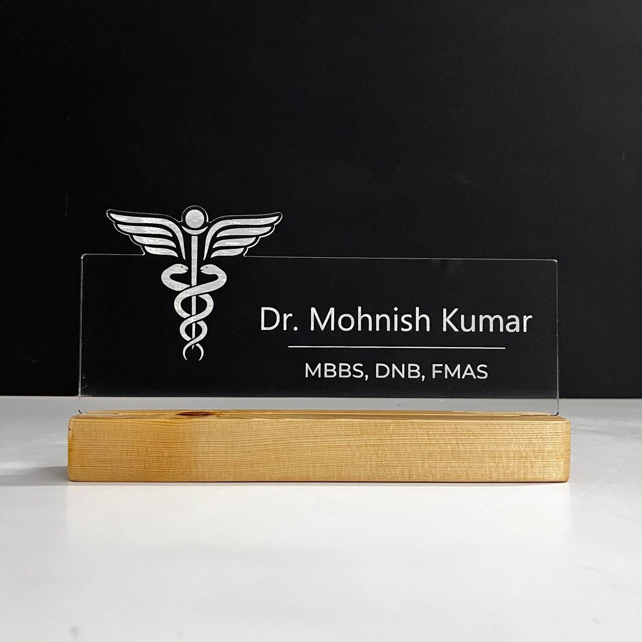 Wood, Acrylic Customized LED Name Plate for Office Desk Table Name Signage Birthday Gift For Doctor Medical view 4