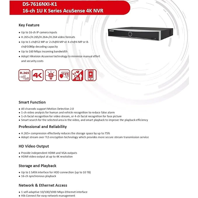  HIKVISION 16 Channel 8MP 4K NVR [DS-7616NXI-K1] for IP Network CCTV Cameras Black view 5