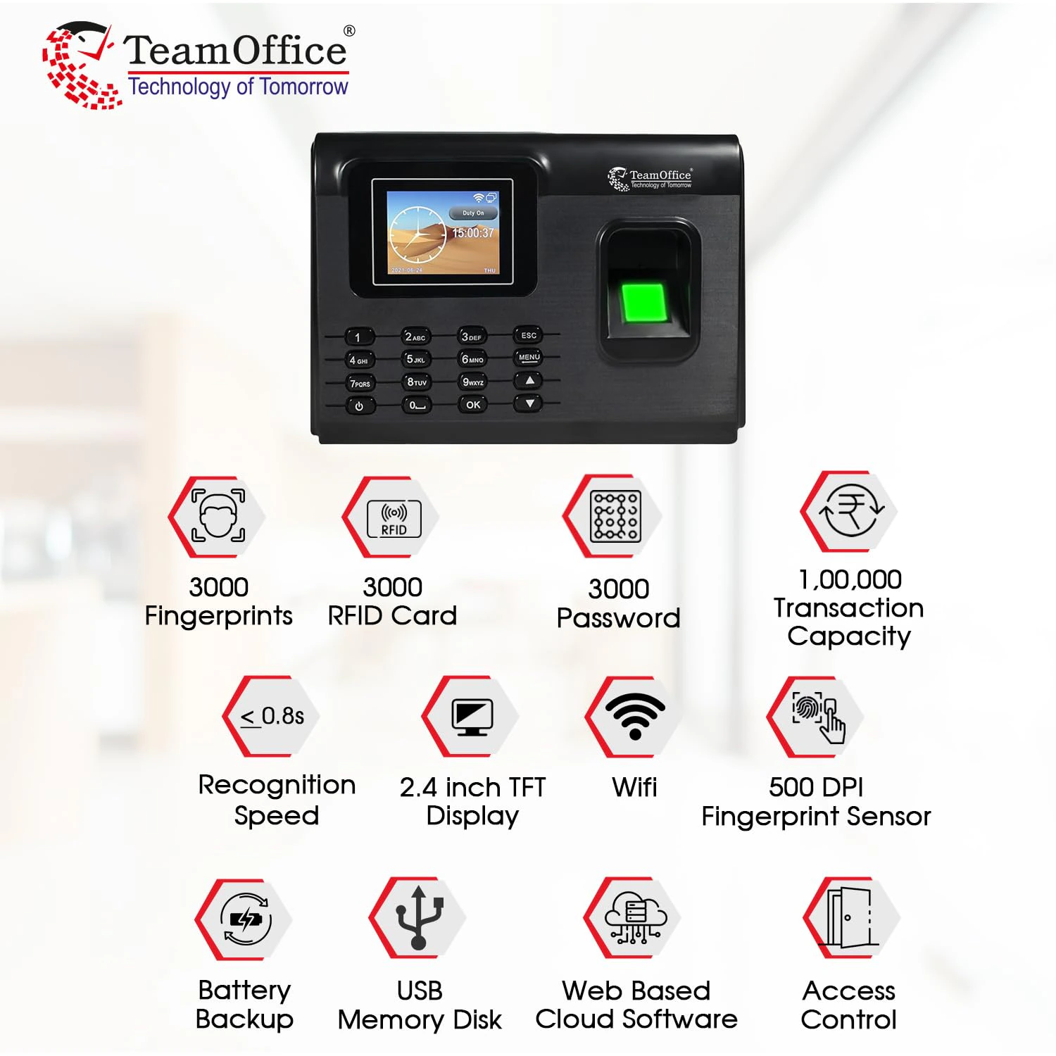 Team Office Z200BW Biometric Attendance Machine – Fingerprint & Card  view 3