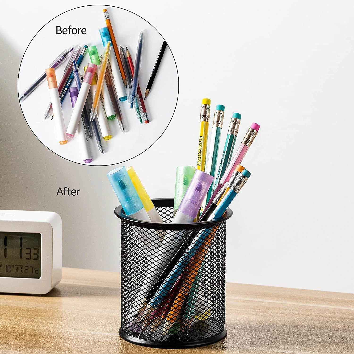 Black Round Mesh Pen Stand, Pencil Holder, Pen Organizer for Desk, view 4