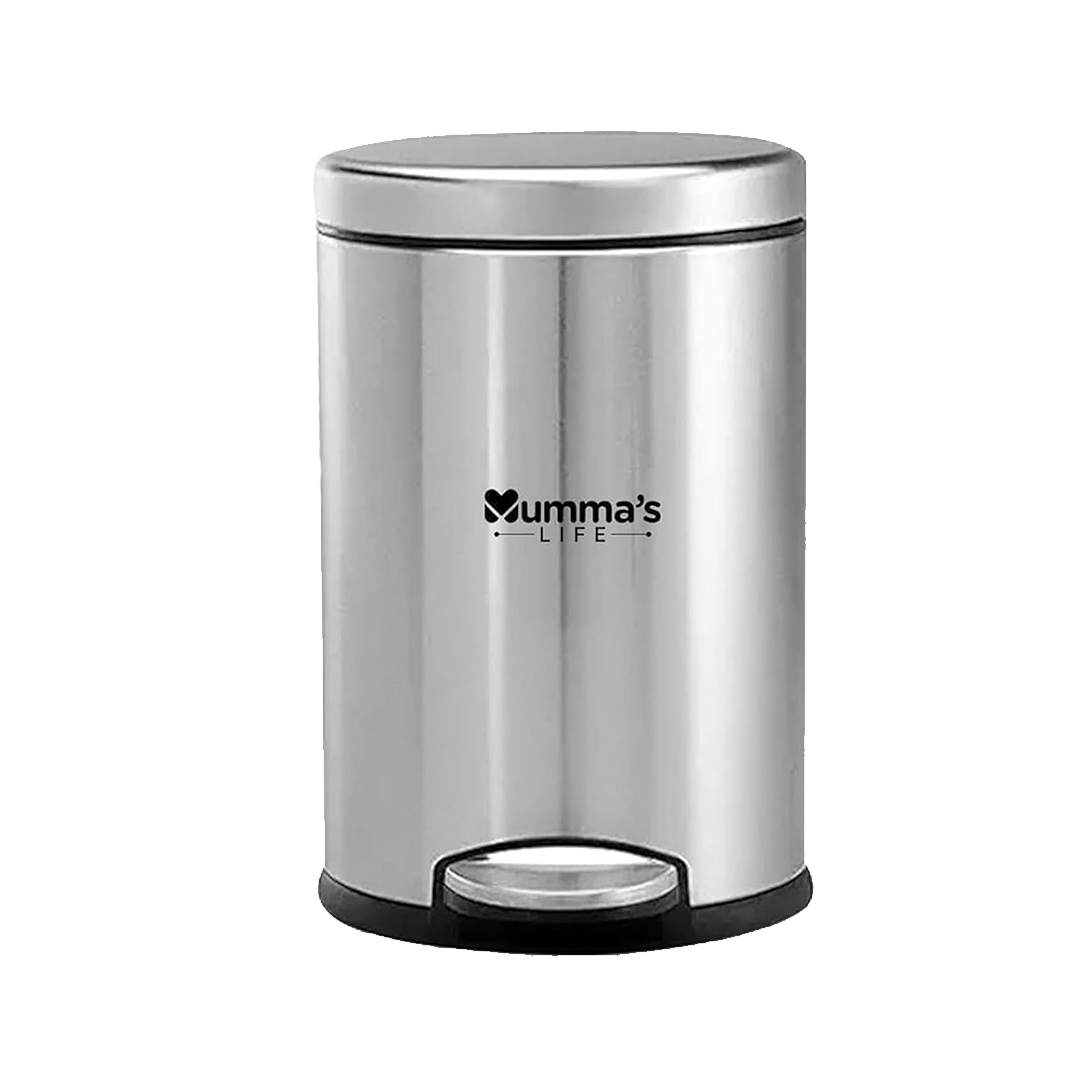 5L Dustbin for Bathroom with Lid – Stainless Steel Silver Pedal Bin with Plastic Inner Bucket & Lid