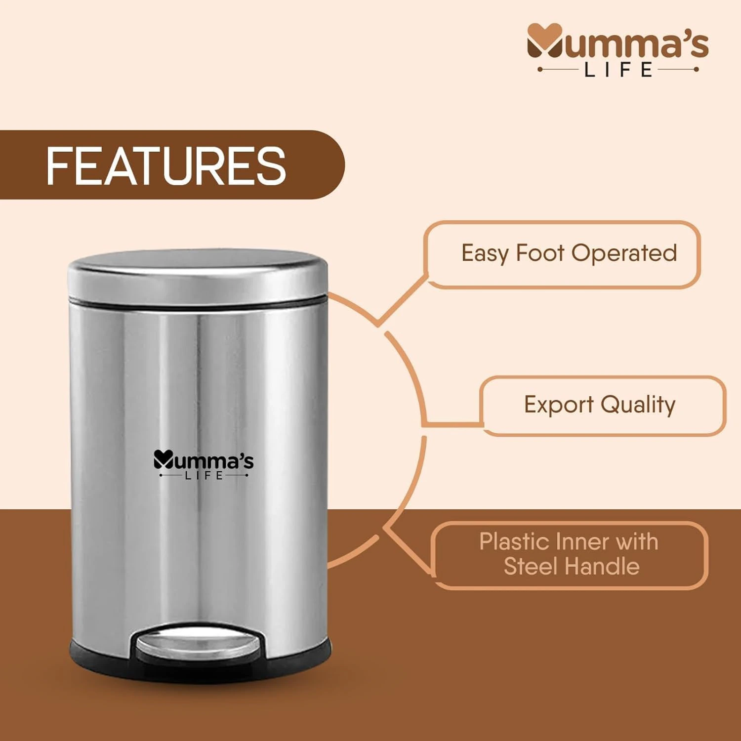  5L Dustbin for Bathroom with Lid – Stainless Steel Silver Pedal Bin with Plastic Inner Bucket & Lid  view 4