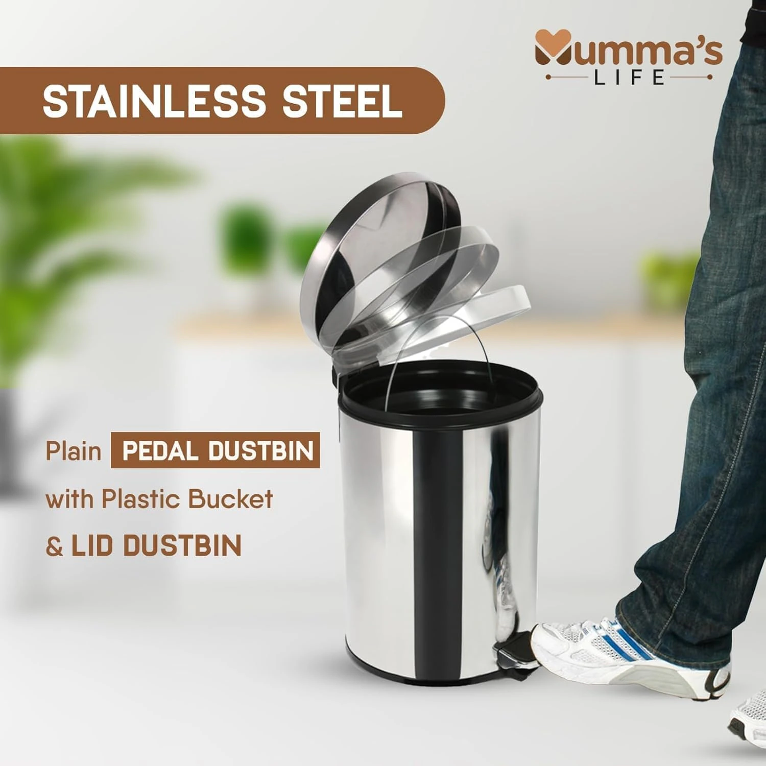  5L Dustbin for Bathroom with Lid – Stainless Steel Silver Pedal Bin with Plastic Inner Bucket & Lid  view 5