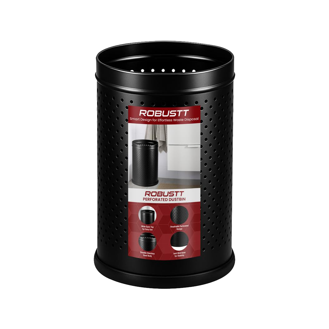 Stainless Steel Dustbin | Perforated Dustbin | 6L Dustbin | Black Trash Can | Anti-Skid Base | Office | Kitchen