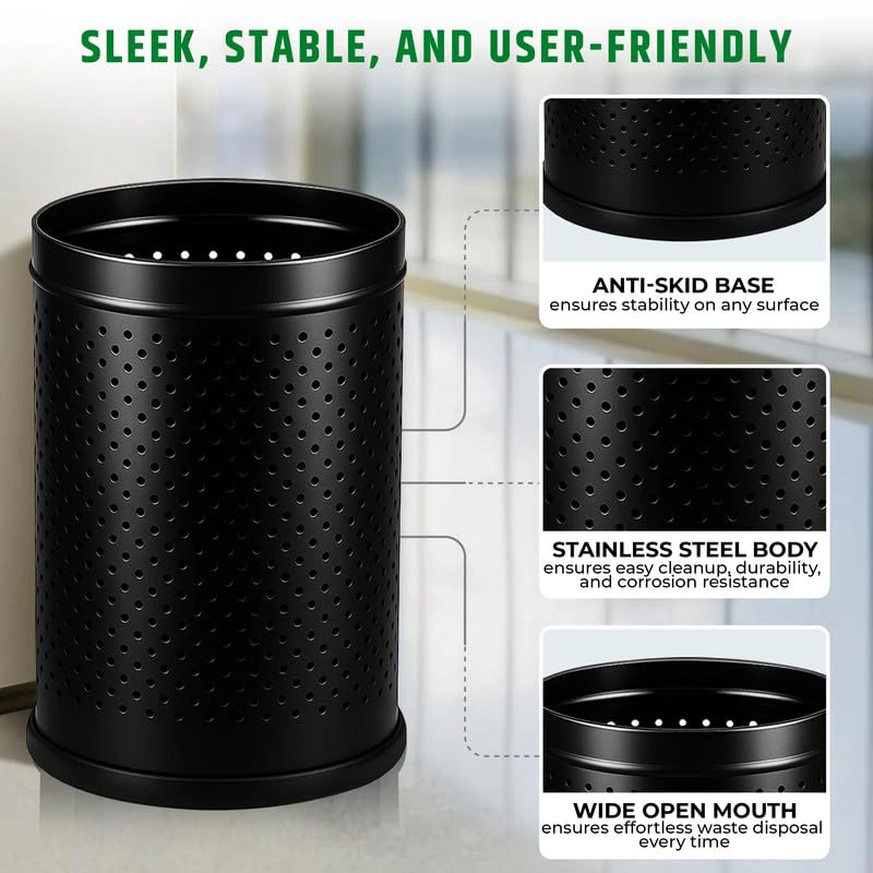 Stainless Steel Dustbin | Perforated Dustbin | 6L Dustbin | Black Trash Can | Anti-Skid Base | Office | Kitchen view 3