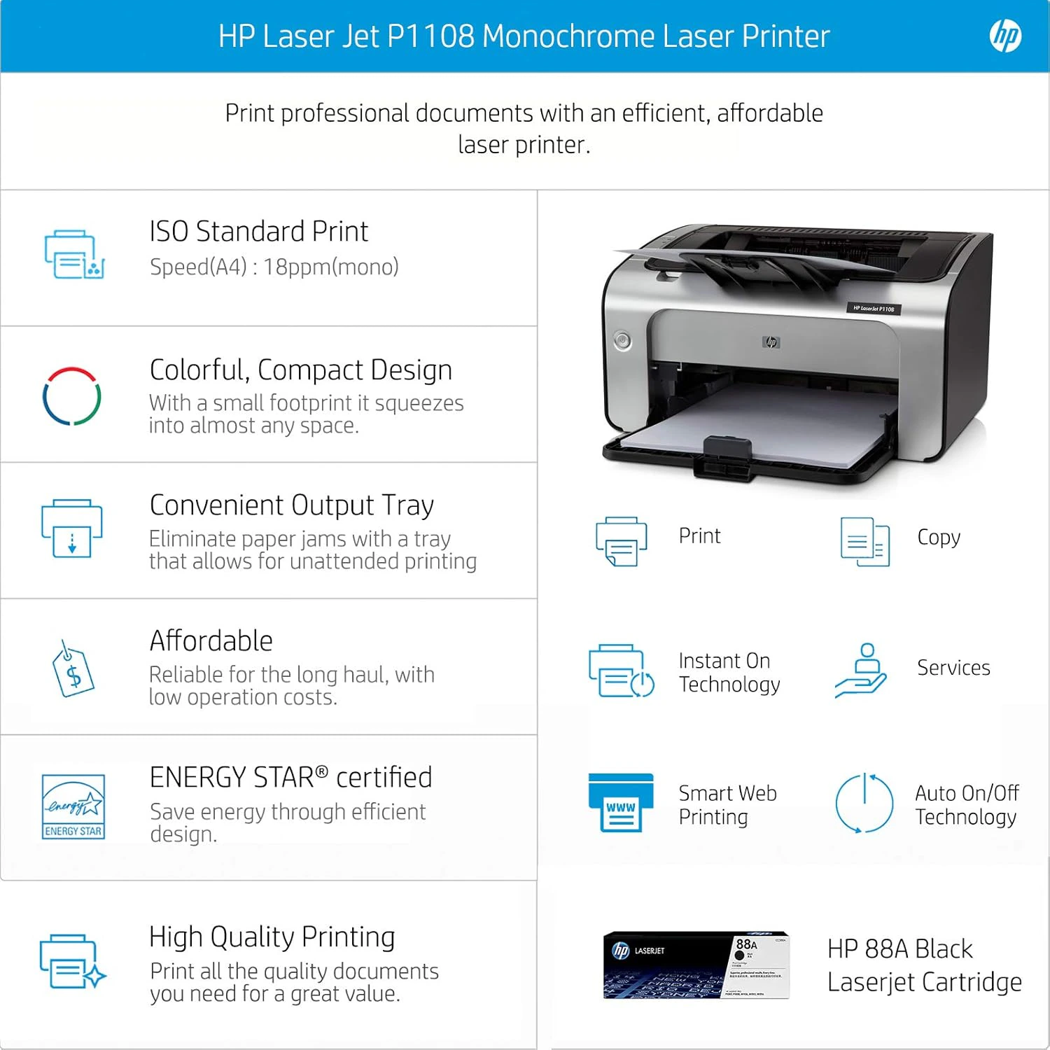 HP Laserjet Pro P1108 Printer, Single Function view 3