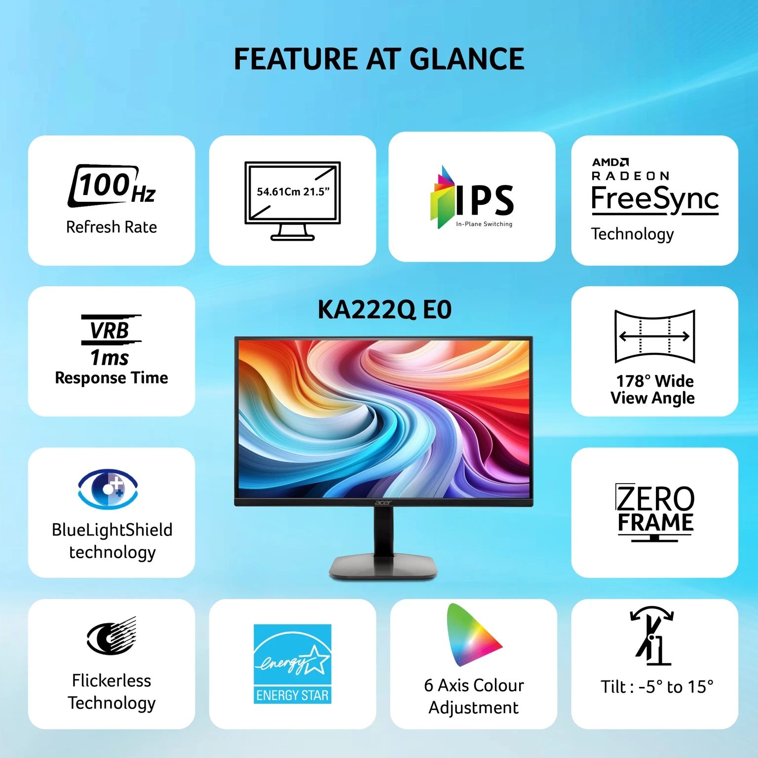 Acer 54.61 cm (22 inch) Full HD LED Backlit IPS Panel with sRGB 99%, ENERGY STAR Certified, VESA Supportive, VGA, HDMI, Ergonomic Stand