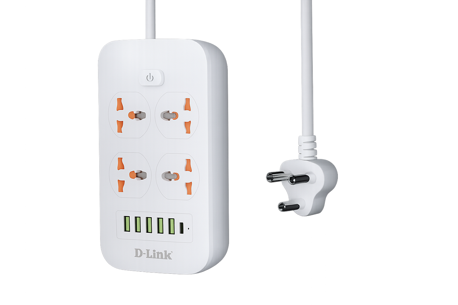 D-Link Power Strip with 4 Universal Sockets + 5 USB Ports + 1 Type-C Port, High Temperature Fuse Protector, White