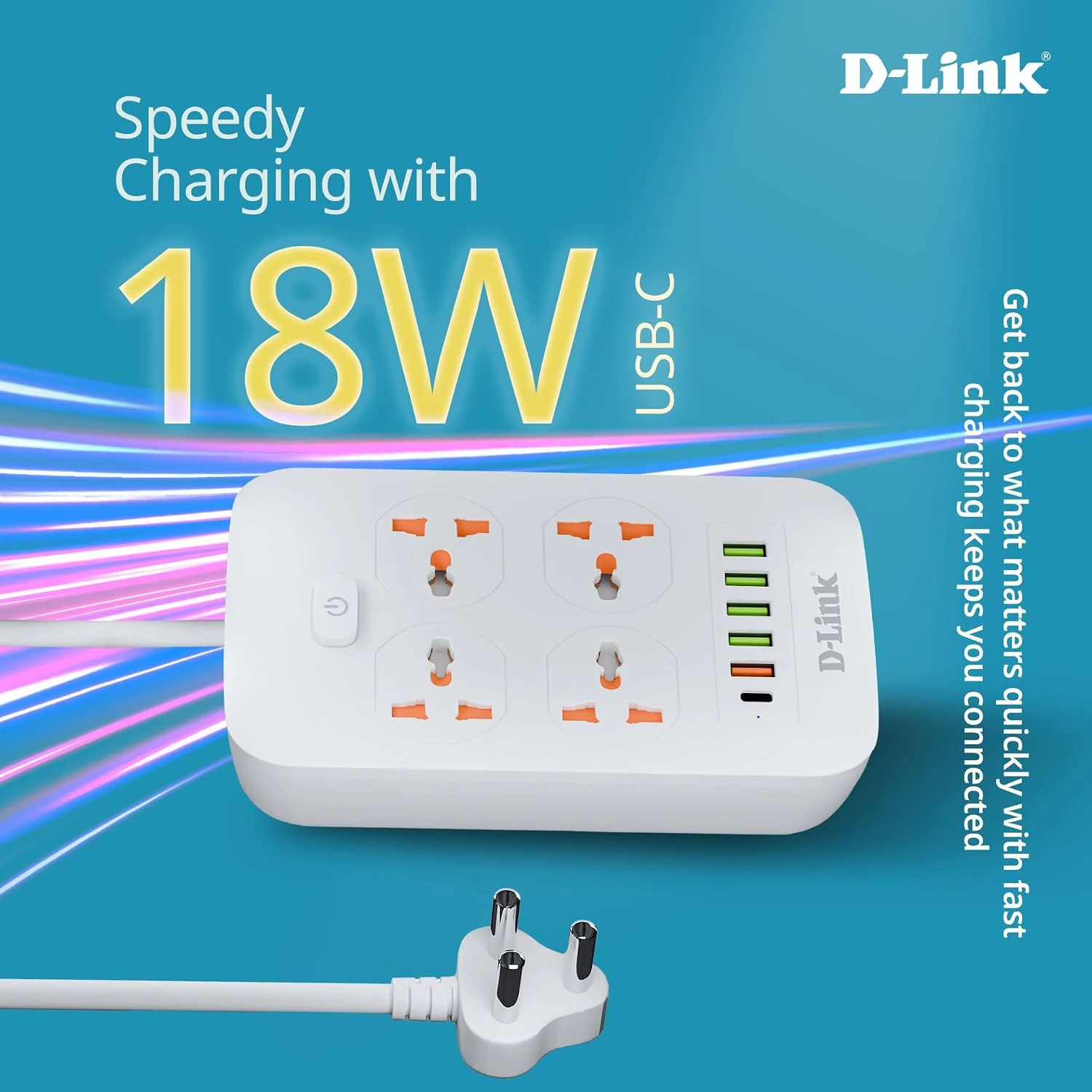 D-Link Power Strip with 4 Universal Sockets  + 5 USB Ports + 1 Type-C Port, High Temperature Fuse Protector, White view 2