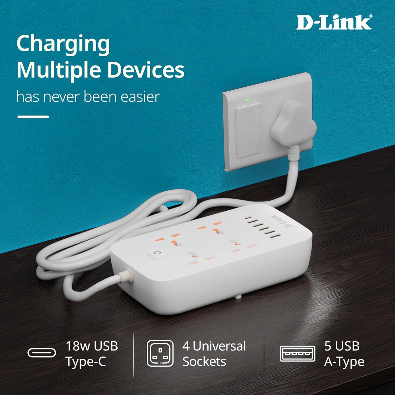 D-Link Power Strip with 4 Universal Sockets  + 5 USB Ports + 1 Type-C Port, High Temperature Fuse Protector, White view 3