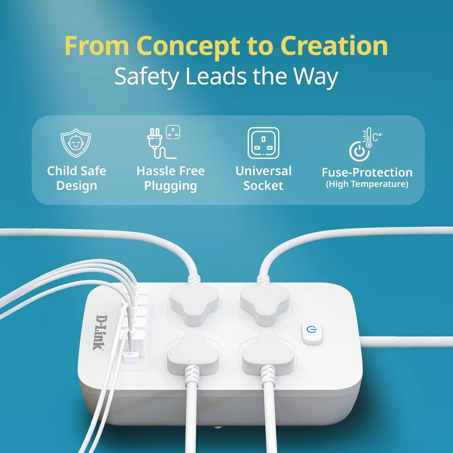 D-Link Power Strip with 4 Universal Sockets  + 5 USB Ports + 1 Type-C Port, High Temperature Fuse Protector, White view 4