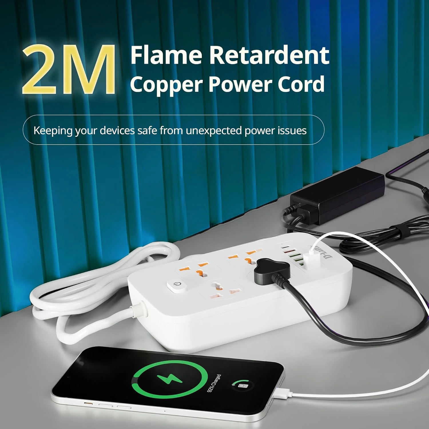 D-Link Power Strip with 4 Universal Sockets  + 5 USB Ports + 1 Type-C Port, High Temperature Fuse Protector, White view 5