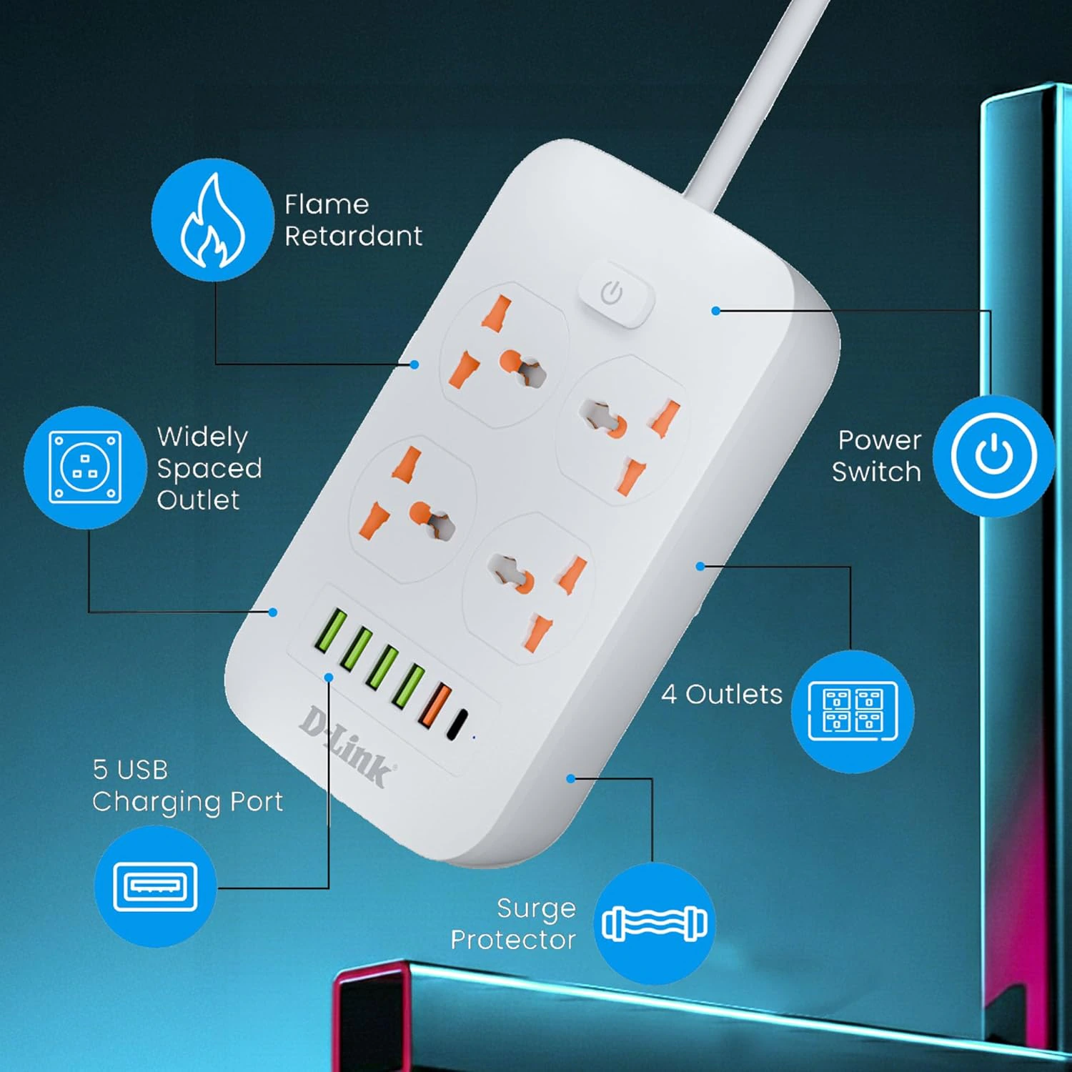 D-Link Power Strip with 4 Universal Sockets  + 5 USB Ports + 1 Type-C Port, High Temperature Fuse Protector, White view 6