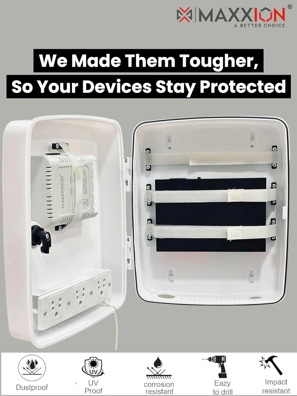 PVC DVR Box Rack Organizer for CCTV | 4/8 Channel Compatible | Supports DVR, NVR, PoE Switch & SMPS | Built-in 3 Fused Power Sockets view 2