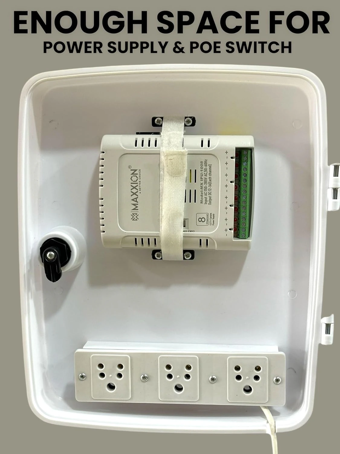 PVC DVR Box Rack Organizer for CCTV | 4/8 Channel Compatible | Supports DVR, NVR, PoE Switch & SMPS | Built-in 3 Fused Power Sockets view 3