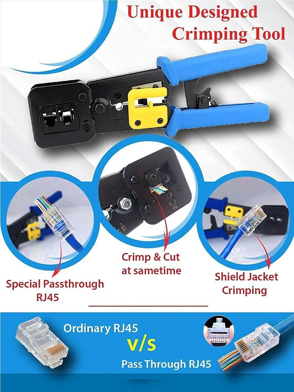 RJ45 Crimp Tool Pass Through Cat5 Cat5e Cat6 Crimping Tool for RJ45/RJ12 view 3