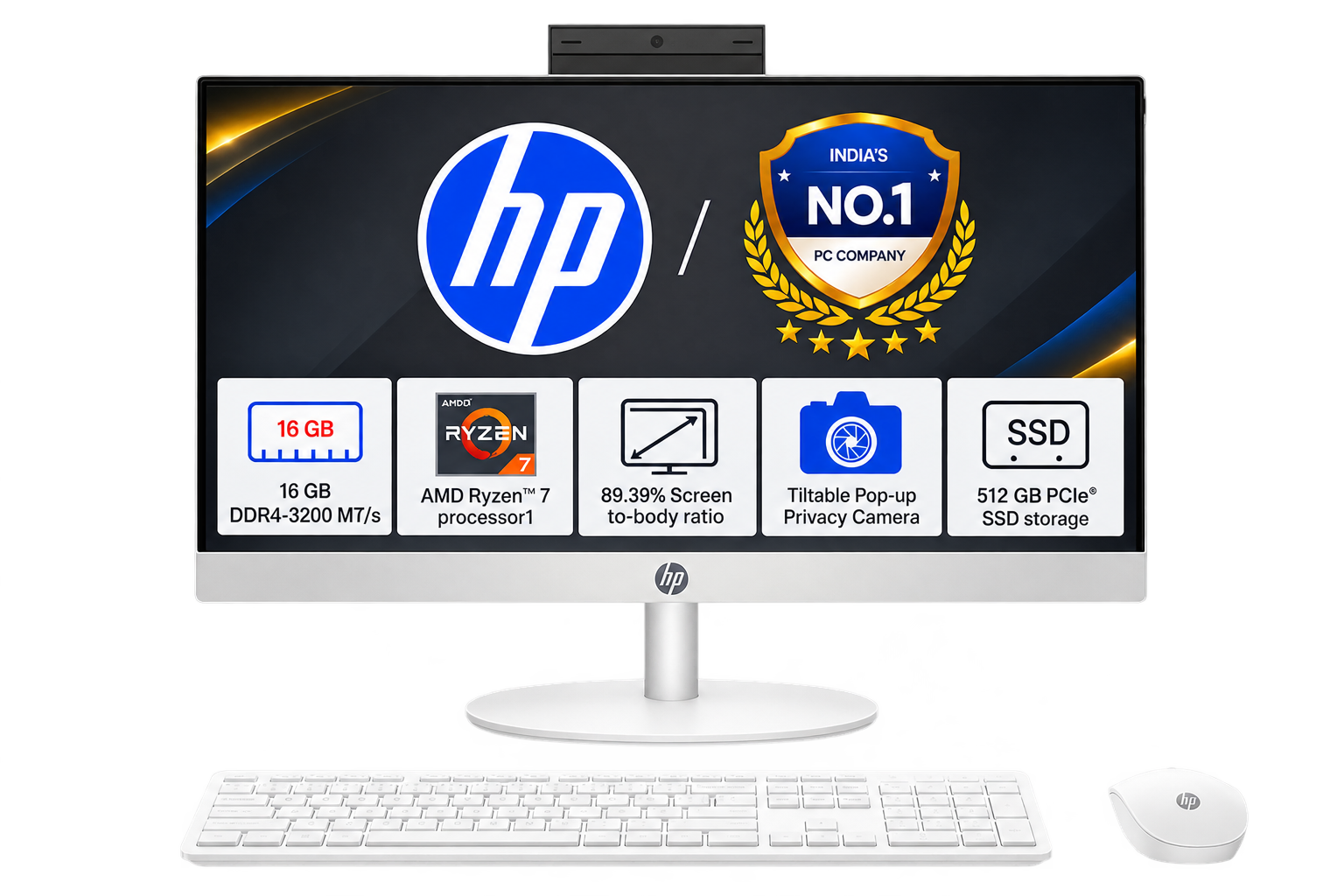HP All-in-One, AMD Ryzen 7 7730U (16GB DDR4, 512GB SSD) IPS, Three-Sided, Micro-Edge, Anti-Glare, FHD