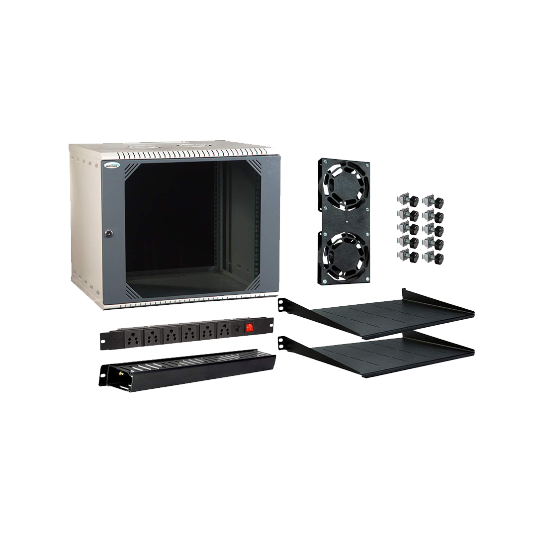 9U 550X450mm Rack with PDU 6 Socket, 10" Tray(2 Nos), Cable Organiser 1U Closed, 2 Fan & Hardware Kit - Combo Pack