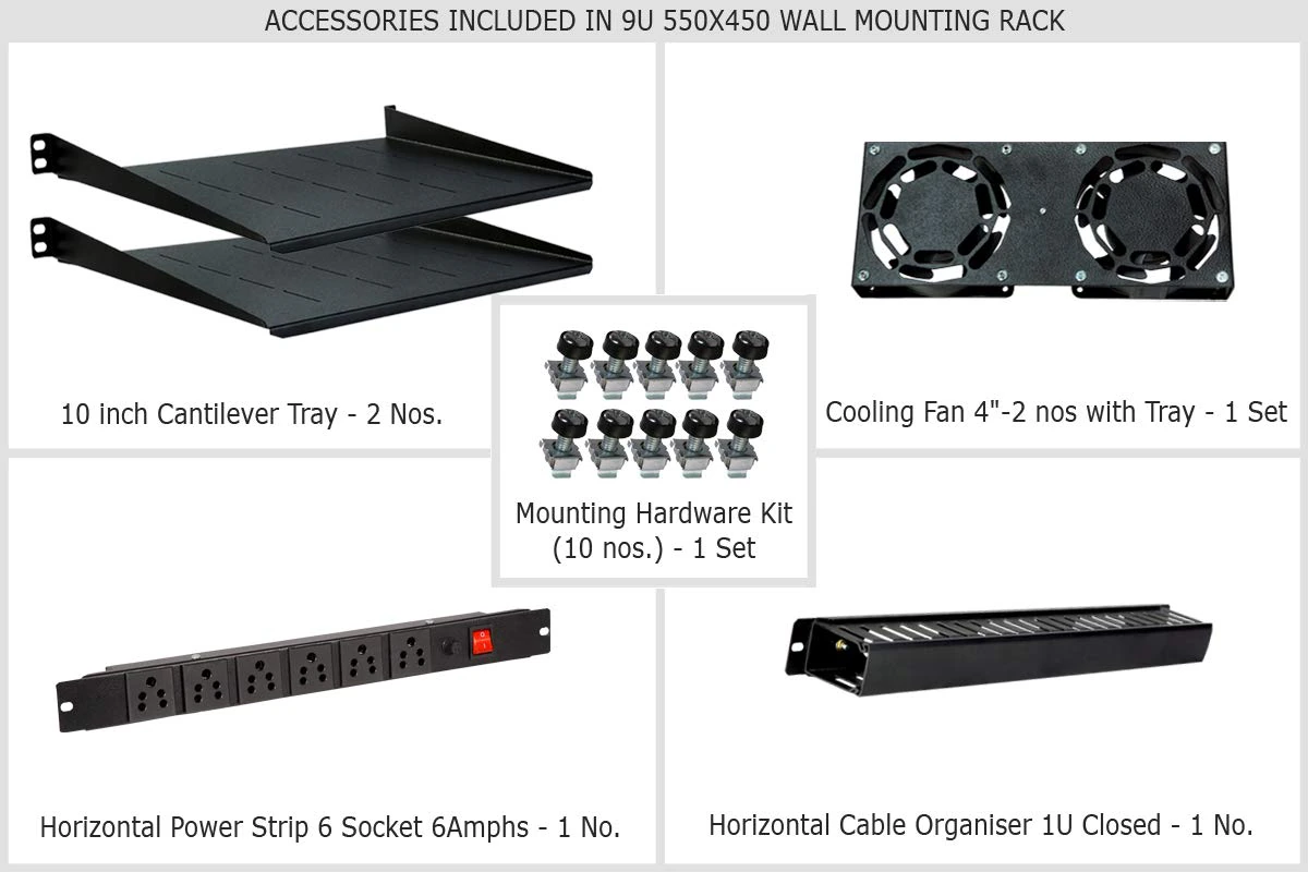 9U 550X450mm Rack with PDU 6 Socket, 10" Tray(2 Nos), Cable Organiser 1U Closed, 2 Fan & Hardware Kit - Combo Pack view 3