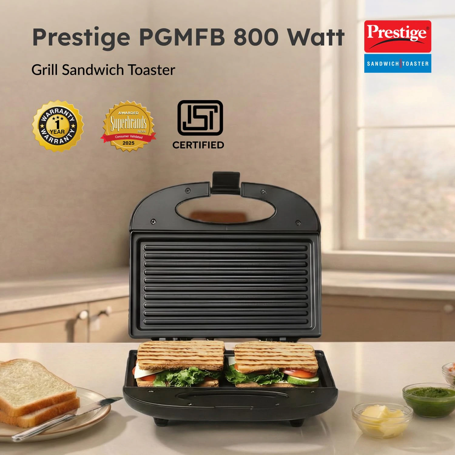 Prestige PGMFB 800 Watt Grill Sandwich Toaster with Fixed Grill Plates, Black view 2