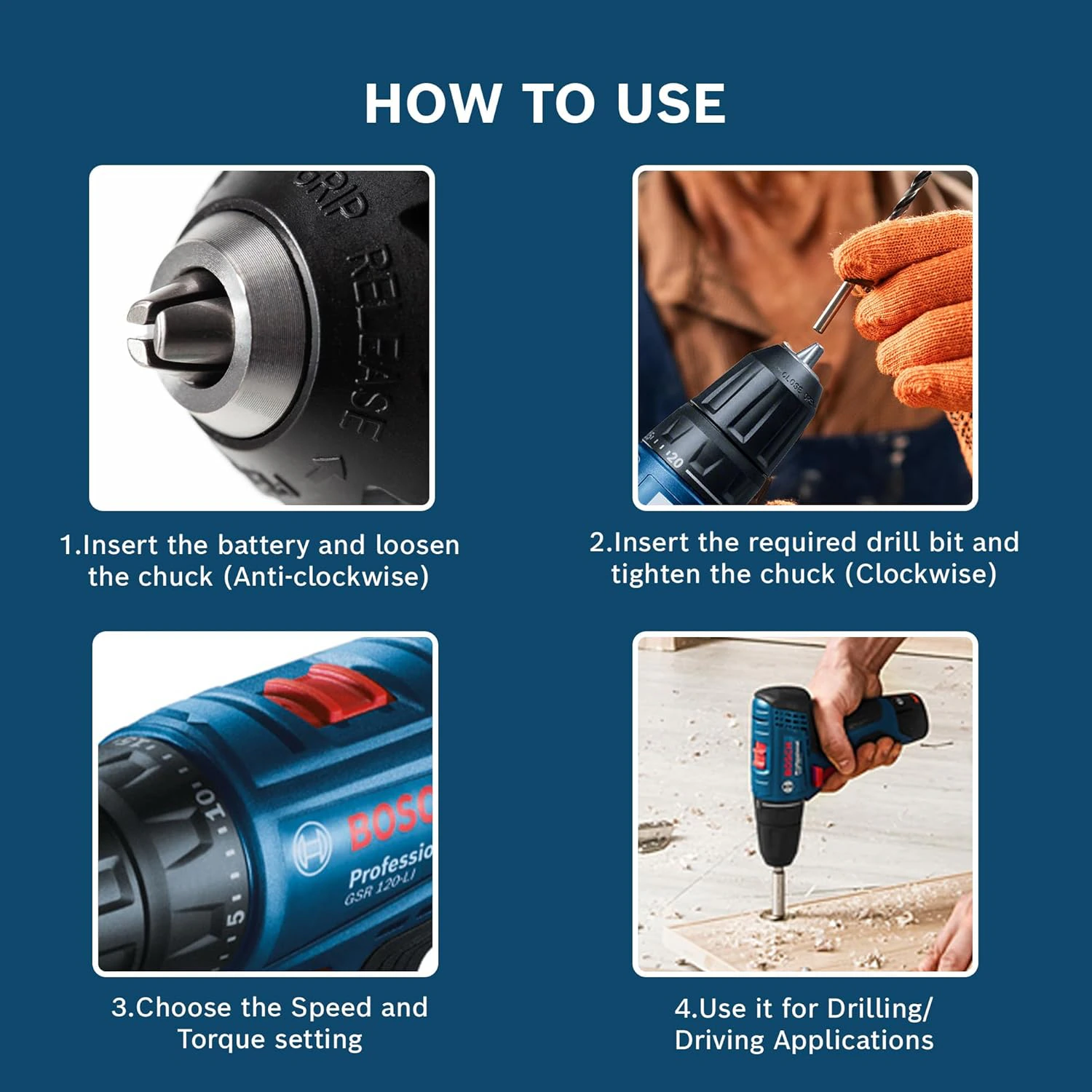 BOSCH Professional GSR 120 Li Cordless Drill Driver | Speed (1st/2nd)- 0-400/0-1500 RPM | view 5
