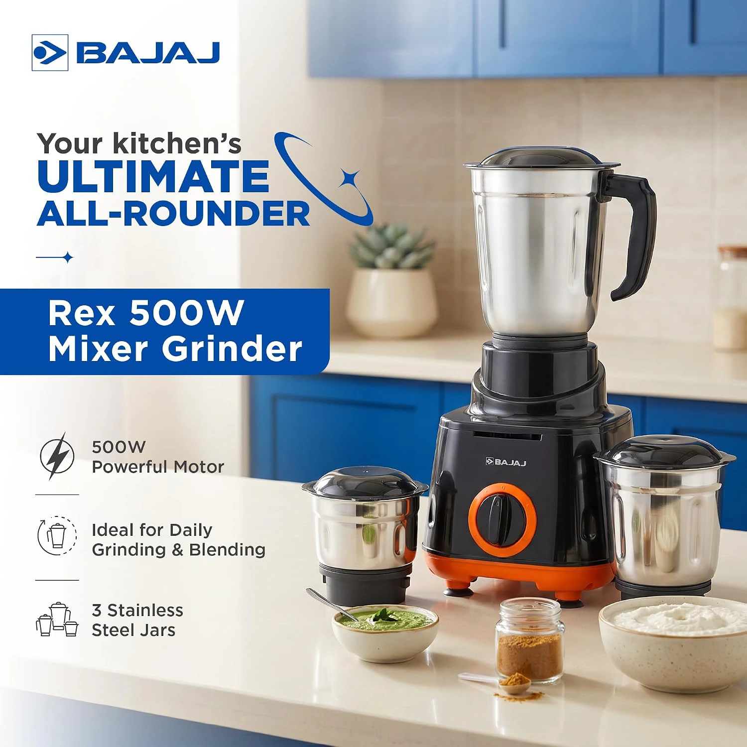 Bajaj Rex 500W Mixer Grinder | 3 Stainless Steel Jars with Multifunctional Blades | view 2